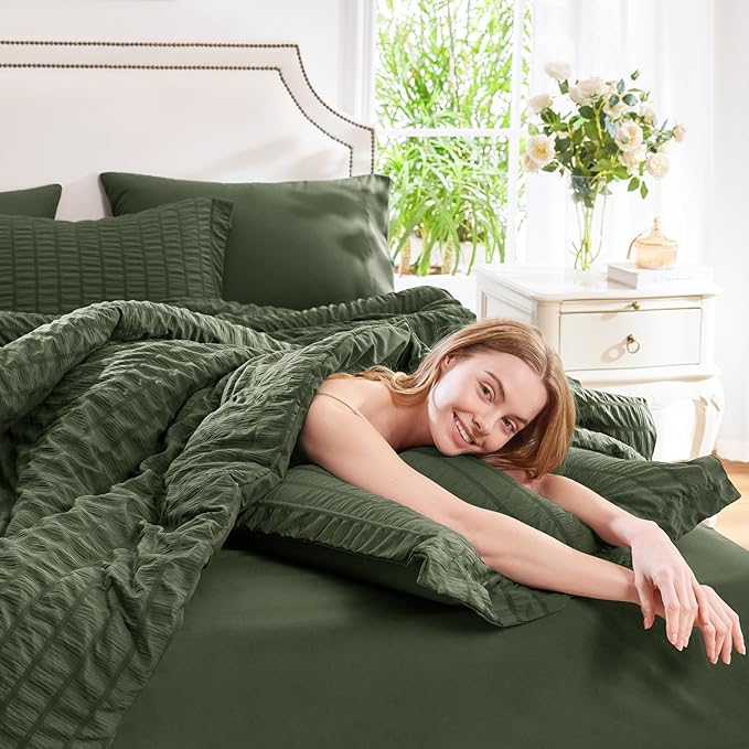 CozyLux King Size Comforter Set Olive Green Seersucker 7 Pieces Bed in a Bag King Comforter Set with Sheets, Luxury Soft Bedding Sets with Down Alternative Comforter, Sheets, Pillowcases & Shams