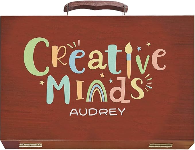 Let's Make Memories Personalized 80-Piece Deluxe Art Set - for Kids - Wood Carrying Case - Oil Crayons, Colored Pencils, Watercolors - Arts & Crafts - Palette Design - Add Name - Creative Minds