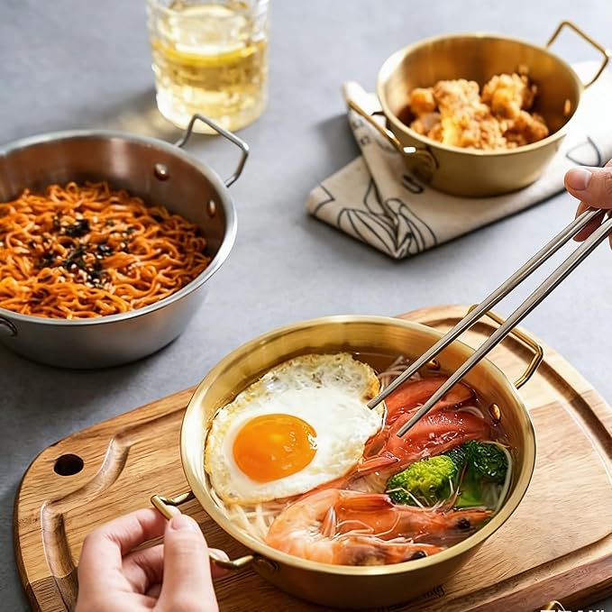 3Pcs Stainless Steel Sauce Dishes with Handles, Korean Golden Dipping Bowls | Small Metal Dipping Bowl, Korean Ramen Bowl, Mini Soup Bowl Stackable Appetizer Plates for Sushi BBQ Appetizer Seasoning
