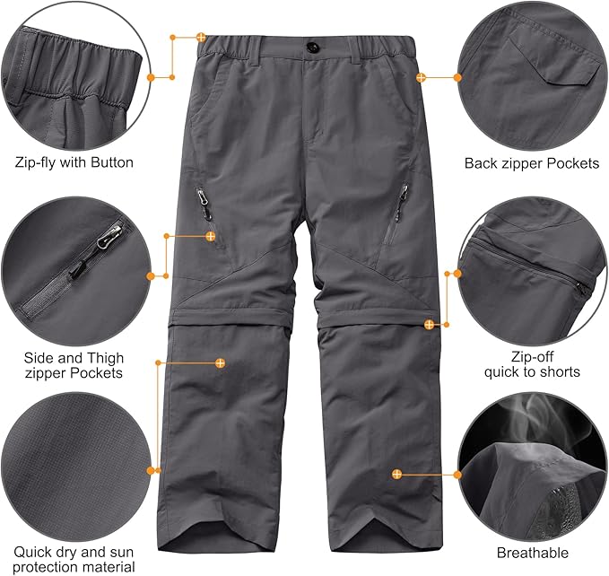 linlon Kids' Cargo Pants, Boy's Casual Outdoor Quick Dry Waterproof Hiking Climbing Convertible Trousers #9016
