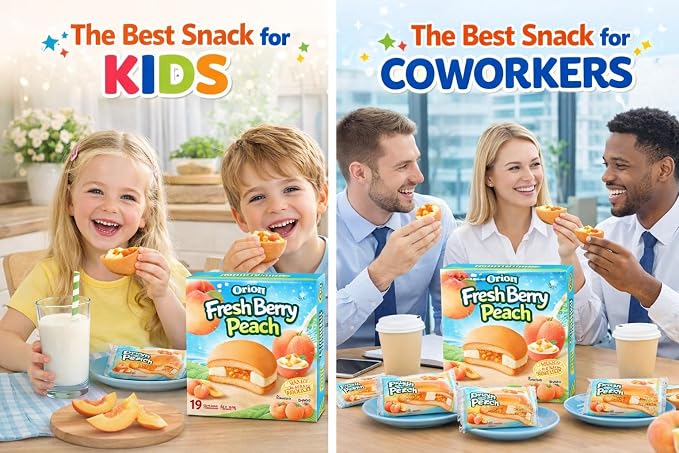 Korean Peach Cream Cake Snack, Soft Filled Sponge Cakes with Real Peach Pieces, Individually Wrapped, 11.85 oz (336g), 12 Pack, Sweet Dessert Snack I Orion