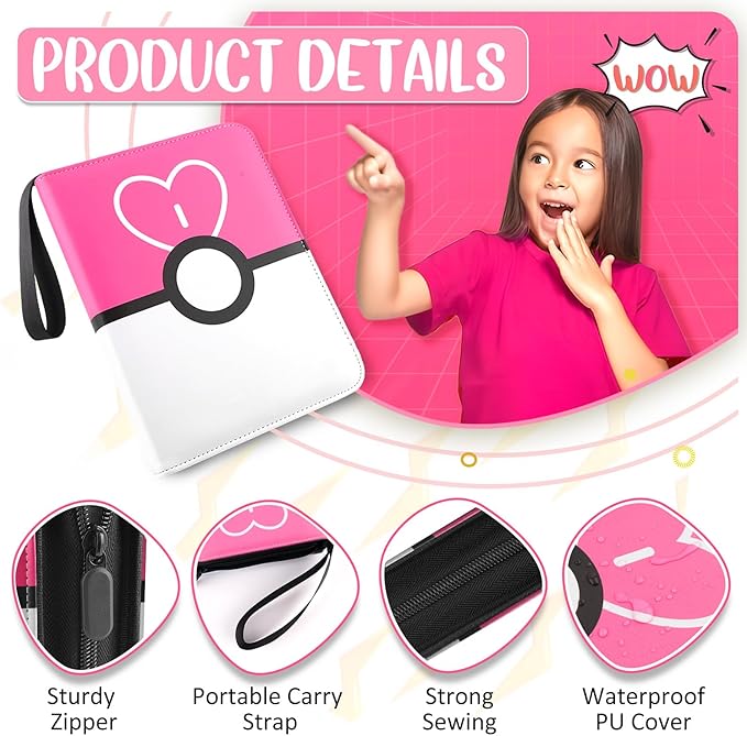 Card Binder 4 Pocket, Trading Card Holder Fits 400 Cards With 50 Removable Sleeves, Portable Collection Card Ablum, Game Card Case book With Zipper for Gift Pink