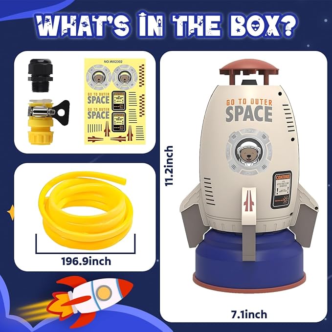 Outdoor Rocket Sprinkler Toy for Kids - Water-Powered Summer Backyard Game Fun Splash Play for Boys & Girls Ages 3+ with 5m Hose/DIY Sticker (Grey)