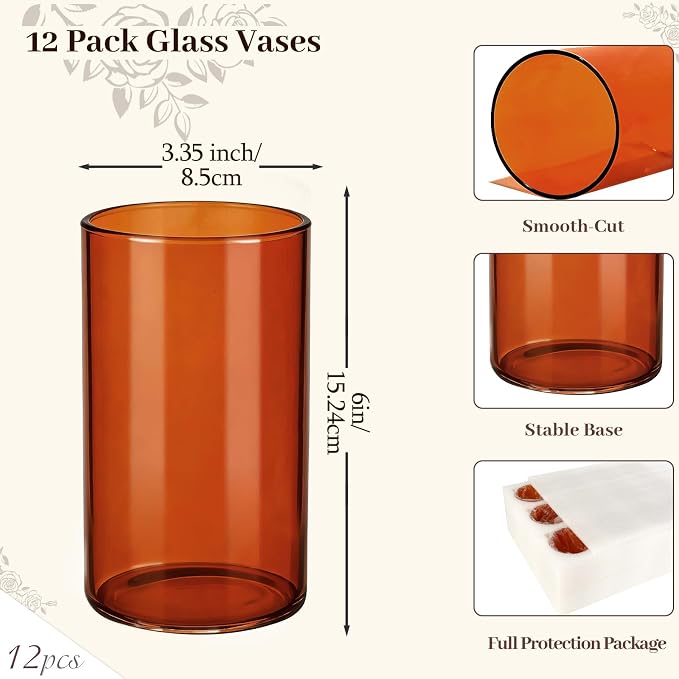 12pcs 6 Inch Amber Glass Cylinder Vases for Centerpieces | Flower Vases for Wedding, Home & Party Decor, Hurricane Floating Candle Holders for Table & Shelf