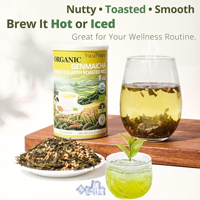 8oz Organic Genmaicha Green Tea with Roasted Rice, Genmaicha Tea Loose Leaf, Roasted Green Tea, Brown Rice Tea, Smooth Nutty Flavor