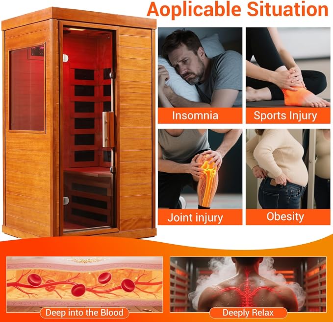 Bowear Far Infrared Sauna for 1-2 Person, 110V 1120W Indoor Home Sauna with Bluetooth Audio, 7 Colors Light Therapy, Reading Lamp, Time & Temperature Adjustable, Oguman Wood Dry Sauna