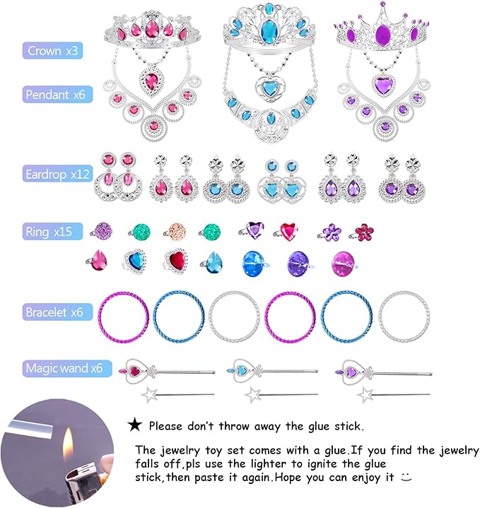 Princess Pretend Jewelry Toy 48 Pcs Jewelry Dress Up Play Set for Girls Included Tiaras Necklaces Wands Rings Earrings and Bracelets, Kids Play Jewelry Set for Girls