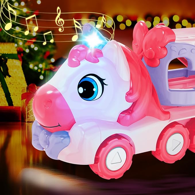 Toys for 3 Year Old Girl, 5-in-1 Unicorn Toys Carrier Truck Toy Cars with Light & Sound,Girl Toddler Toys Age 3-5, 3 4 5 Year Old Birthday Gifts