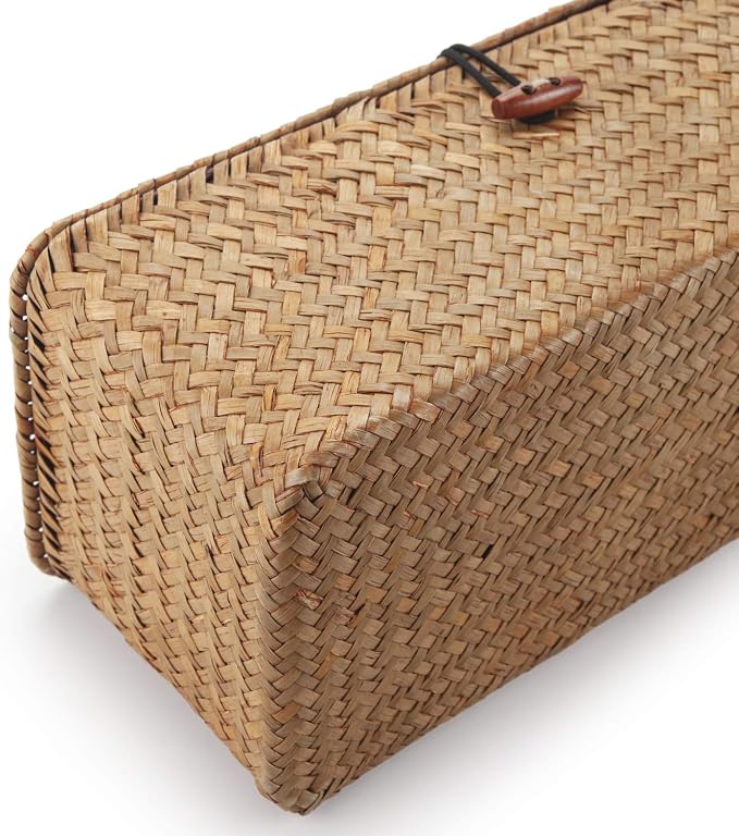 Seagrass Storage Basket with Lid Rectangular Small Woven Shelf Baskets with Sections for Organize Snack Toys Tampon