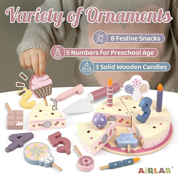 Wooden Birthday Party Cake Play Food Sets for Toddler 2 3 4 5 Year Old Girls Boys Kids Kitchen Accessories Pretend Play Toy Gift Educational Toys
