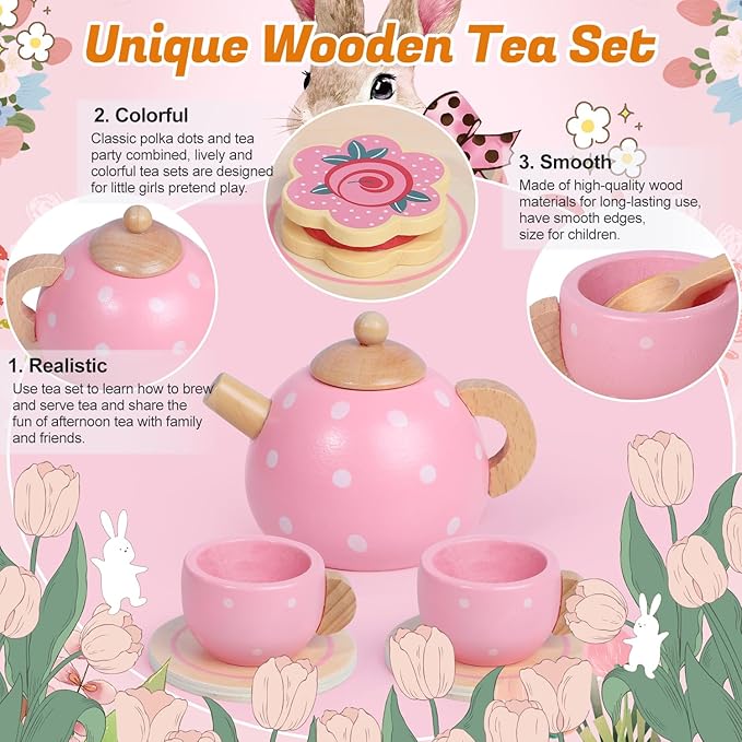 Wooden Tea Party Set for Little Girls, Toddler Girl Gifts Princess Tea Time Toys, Wooden Tea Set Food Dessert, Kids Kitchen Pretend Play, Birthday Valentines Day Gifts for Girls Age 2-5 Years Old