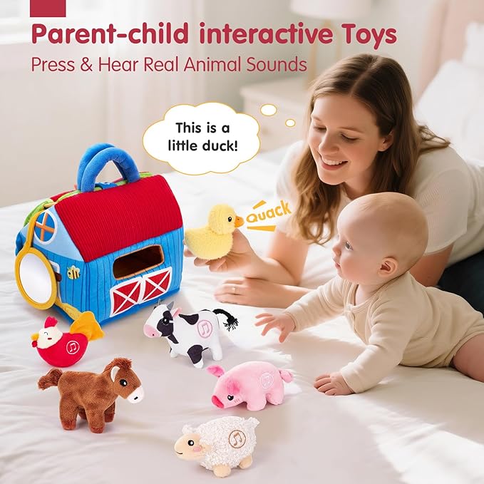 hahaland Baby Toys 6-12 Months - Surprise Barn with Stuffed Farm Animals with Real Sounds, Mirror- Montessori Toys for 6 Month Old Baby 1 Year Old Boy Girl Gifts Toddlers Sensory Toy