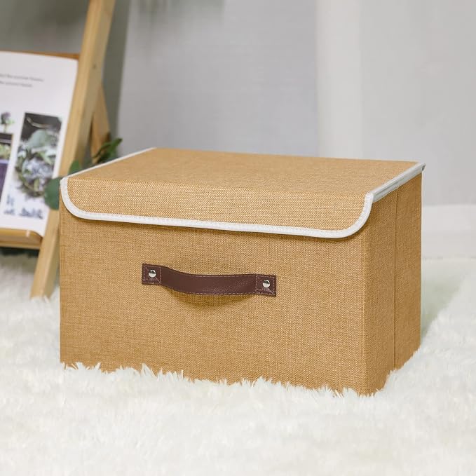 ANMINY Fabric Storage Box Bins with Lids, Khaki, 15"x10"x10" | Keepsake Memory Storage, Cotton Linen, PP Board Reinforced, Washable, PU Handles, Foldable & Stackable, Decorative, Large