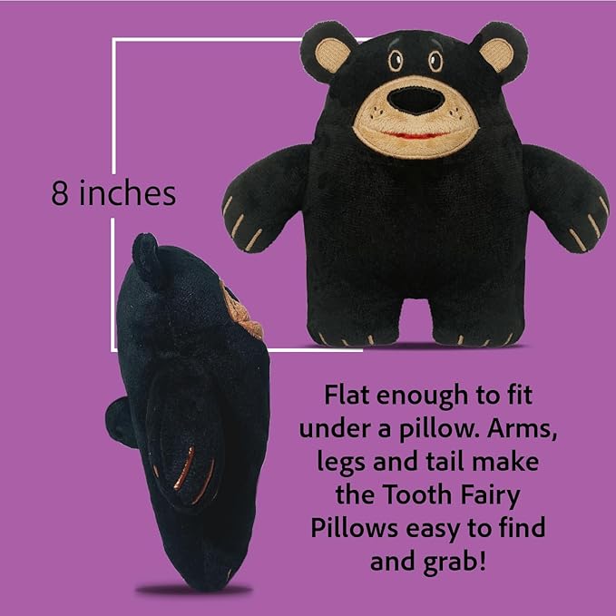 The Tooth Brigade Tooth Fairy Pillow | Stuffed Plush with Large Pocket Mouth for Lost Teeth, Treasures, Prizes - Fun and Interactive Plush, Perfect Kids, Boys, & Girls Gift (Acorn Black Bear)