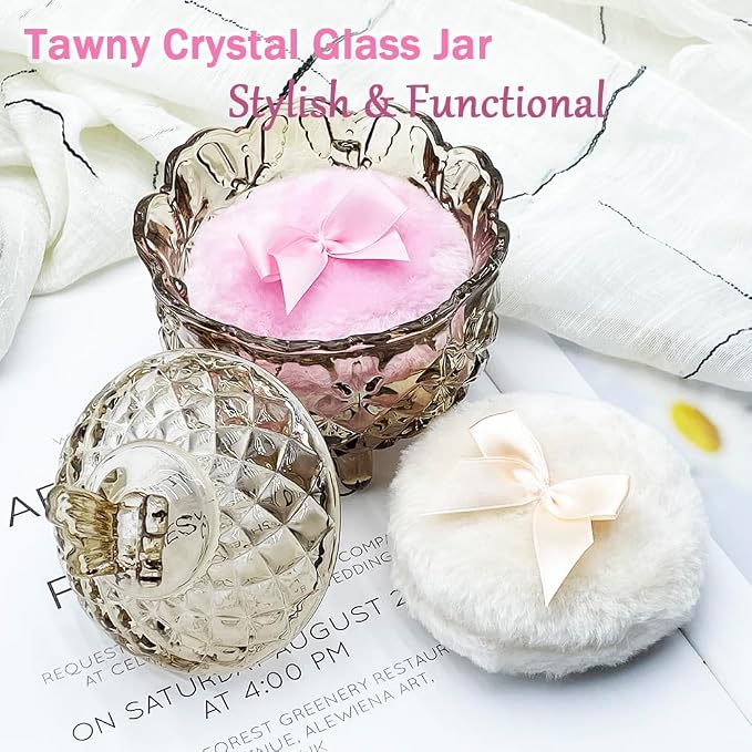 4" Glass Dusting Powder Container with 2 Fluffy Puffs,Cute 3.5" Soft Body Powder Puff and Jar Set(Butterfly-tawny)