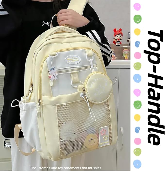 Kawaii Backpack Double Shoulder Bag with Cute Star Removable Pouch Clear Pocket Large Capacity Dopamine Colors Daypack (Clear Yellow)