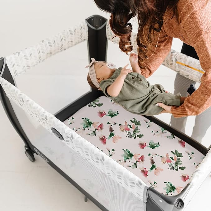 Pack n Play Sheets, BROLEX 2 Pack Mini Crib Sheets,Stretchy Portable Fitted Playard Sheet Set, Convertible Playard Mattress Cover,Ultra Soft Breathable Material,Exotic & Flora