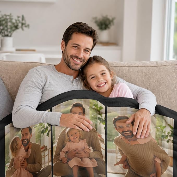 Fathers Day Birthday Gift for Dad Custom Blanket with 6 Photo & Text, Personalized Blankets with Picture to My Dad, HD Printing Customized Flannel Throw Blanket Gifts for Best Daddy Grandpa Ever