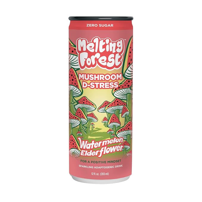 Melting Forest Functional D-Stress - Adaptogen Drink with L-Theanine, Reishi, Lion's Mane & Magnesium - Relaxation Drinks for Stress Relief - Zero Sugar, 5 Calories - Watermelon Elderflower (12-Pack)