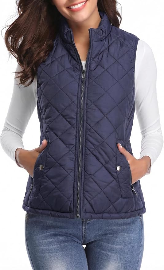 Fuinloth Women's Quilted Vest Lightweight Puffer Stand Collar Zip Gilet | 4 pockets with 2 inner storage. Quilted padded warm gilet. Fall winter outerwear layering vest for travel hiking daily wear.