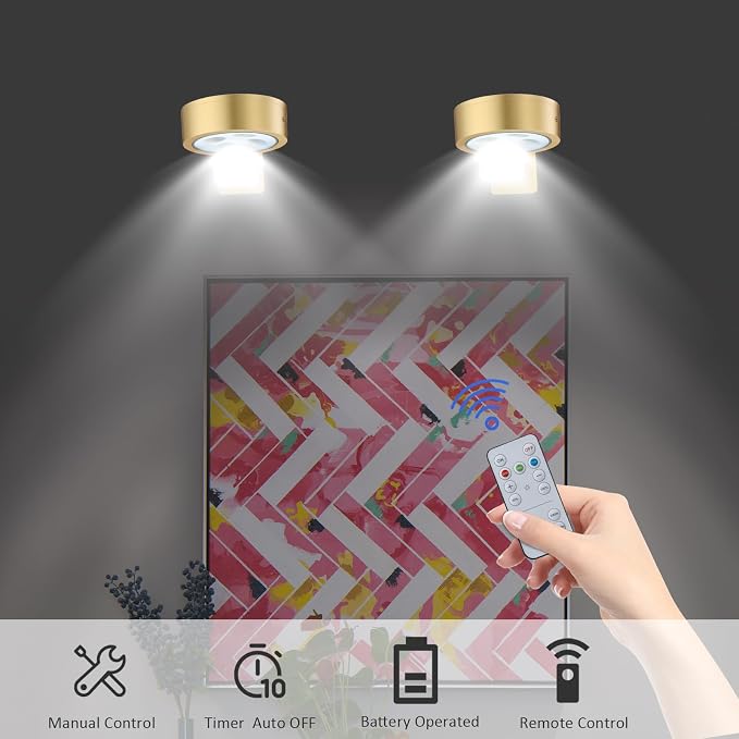 MIOBLUE 3Pack Picture Light Battery Operated Painting Lights, Wireless Magnetic Display Art Light with Remote Controls,Dimmable Timer Portrait Light for Art Frame Artworking,Wall Decor Puck Light
