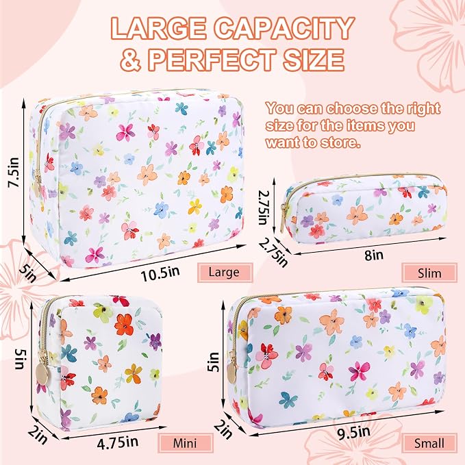 UIXIZQ Waterproof Large Floral Makeup Pouch,Nylon Travel Toiletry Storage Purse Preppy Cosmetic Bag for Women Girl,Large Capacity Makeup Organizer Zipper Pouch for Work(L Colorful-Flowers)