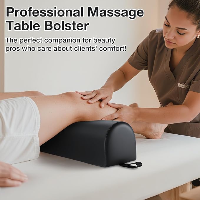 Noverlife 3/4 Round Massage Table Bolster Pillow with Strap Handle, 26 x 6 x 6 in PU Leather Massage Bolster for Under Legs, Cozy Positioning Support Pad for Knee Neck Back Pain Relief - Black
