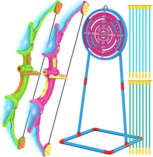 2 Pack Kids Bow and Arrow Set with LED Flash Lights, 14 Suction Cup Arrows and Standing Target-Perfect Indoor and Outdoor Archery Set Toy Gift for Boys and Girls Ages 4-12