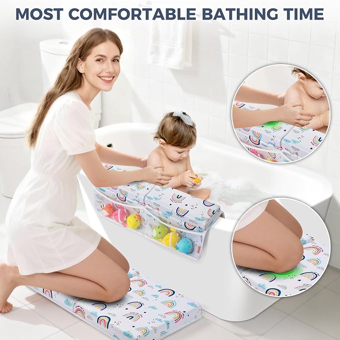 Bath Kneeler and Elbow Rest Pad Set - Comfortable 1.5” Thick Baby Bath Kneeler Pads with Toys Organizer, Non-Slip Knee Arm Support Bathtub Mat, Quick-Drying Kneeling Pad for Baby Bath Time