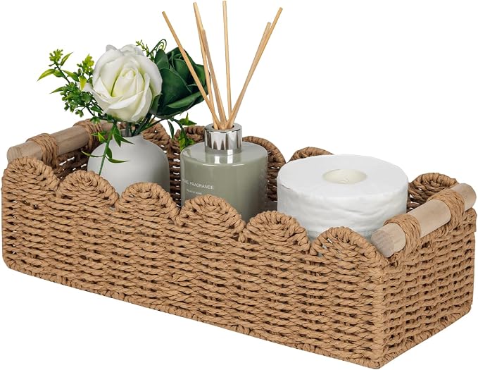 CubesLand Scalloped Toilet Paper Storage Basket W/Handle for Home Decor | Paper Rope Toilet Organizer Basket for Countertop, Over Toilet Shelf, End Table, Living Room, Bedroom Decor & More, Neutral