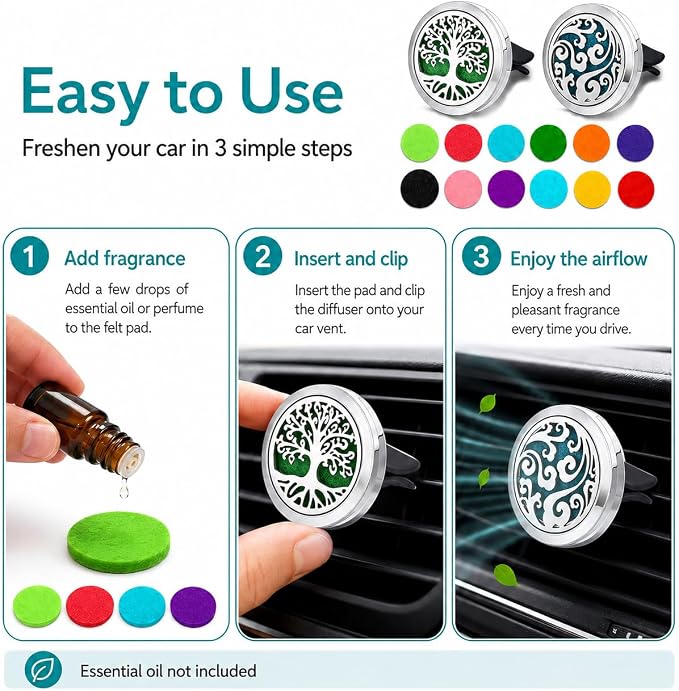 2 Pack Car Vent Essential Oil Diffuser Clips, Silver Tree of Life Air Freshener Vent Clips with 30 Colorful Felt Pads, Reusable Metal Car Aroma Diffuser for Essential Oils, Perfume