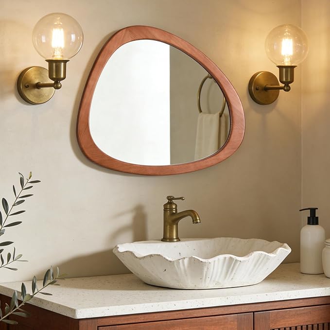 Asymmetrical Mirror, Irregular Wall Mirror for Bathroom, Bedroom, Living Room, Entryway, Hall - Walnut Wood Framed 23" H x 19" W