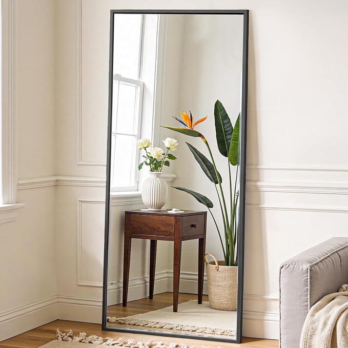 OLIXIS 64"x21.5" Full Length Mirror with Stand, Body Mirror | Shatter-Proof Glass, Hanging or Leaning for Wall, Floor Standing, Bedroom Living Room, Long, Black