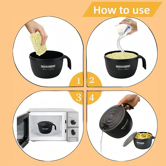 Layron 2 Sets Microwave Ramen Cooker Bowl 45 oz Instant Noodle Bowl with Handles Ramen Noodle Cooker with Spoon Chopsticks Fork Knife College Dorm Room Essentials(Black, Black)