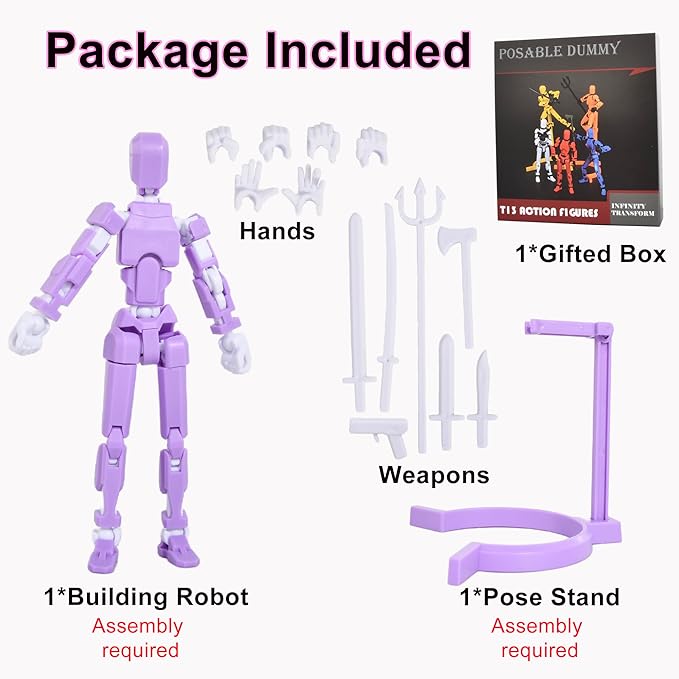 Creative Action Figure with Pose Stand,Building Toy Sets,3D Robot,Lucky Puppet Joints for Boys,Girls,Men,Women,Multi-Jointed Moveable Dummy Desk Decoration,Desktop Ornament for Game Lover (Purple)