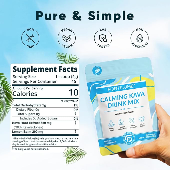 FORTILUME Calming Kava Drink Mix, Instant Kava Powder, Low-Calorie, Non-Alcoholic | Plant-Based Relaxation Alternative Beverage | 15 Servings (Berry)