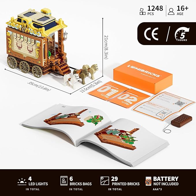 Medieval Troupe Carriage Lighting Building Bricks Set - Middle Ages City Town Playset Multi-Form Modular Collection Display Kit with Minifigures 1248 Pcs for Adults & Teens