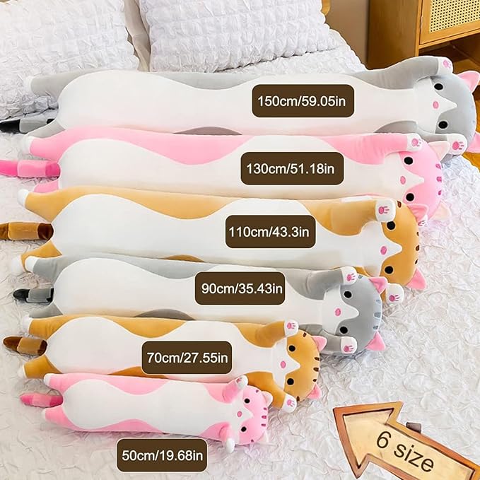 Long Cat Plush Pillow Soft Cat Hugging Pillow Stuffed Animal Pillow Cute Kitty Sleeping Throw Pillow Gift for Kids (130cm/51.18inch,Gray