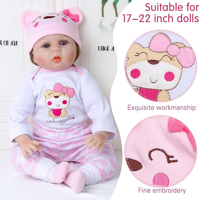 Reborn Baby Dolls Clothes Pink Bear Outfit Accessories 12 Pcs Set for 17-22 Inch Reborn Dolls Newborn Baby Girl with Strawberry Backpack&Feeding Set