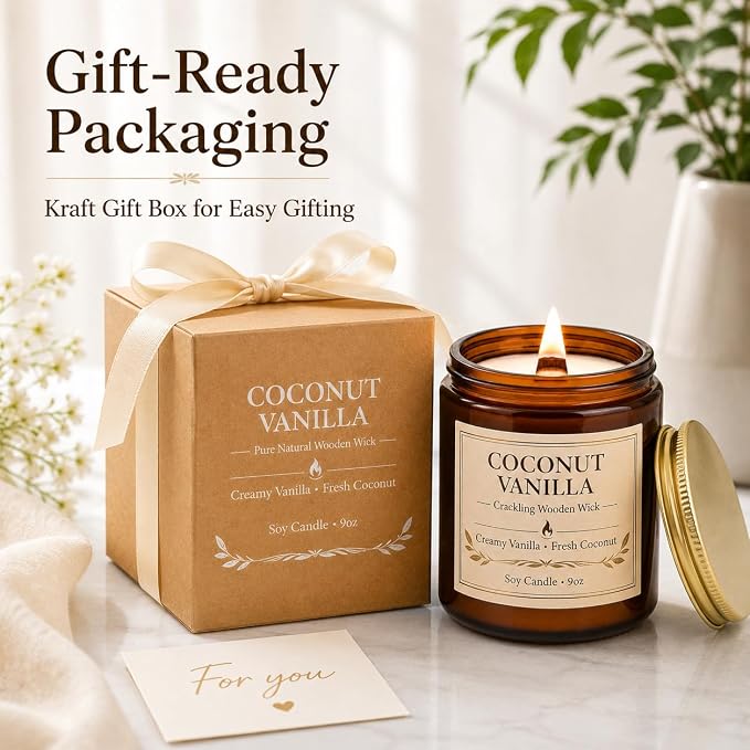 Coconut Vanilla Scented Candles for Home, 9oz Long Burning Soy Candles for Women, Wood Wick Natural Non Toxic Candle Jar, Aromatherapy Candle Gift for Home Bedroom Bathroom Office