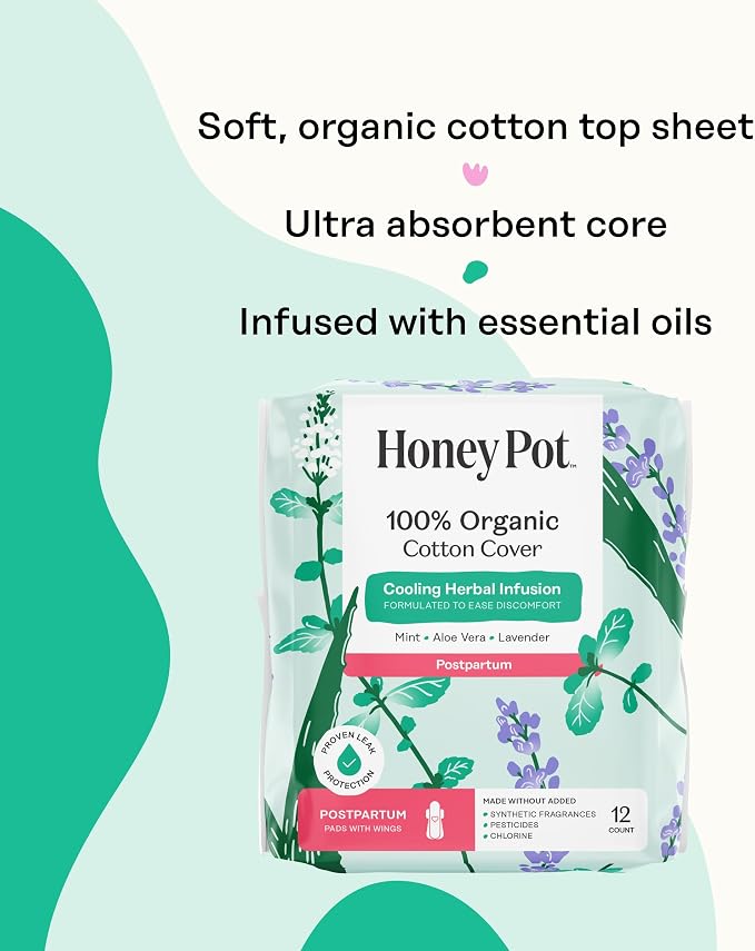 The Honey Pot Company - 48ct - Herbal Postpartum Pads w/Wings - Infused w/Essential Oils for Cooling Effect, Organic Cotton Cover, & Ultra-Absorbent - Feminine Care