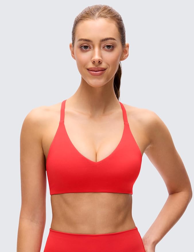 CRZ YOGA Butterluxe Low Coverage V Neck Sports Bras for Women - Spaghetti Straps Racerback Padded Yoga Top