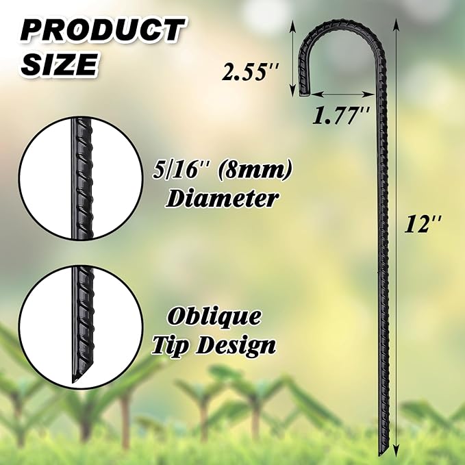 FEED GARDEN 12 Inch 24 Pack Rebar Stakes Heavy Duty J Hook, Galvanized Ground Stakes Tent Stakes, Stakes for Outdoor Decorations Inflatables Canopy Swing Set, Chain Link Fence Stakes
