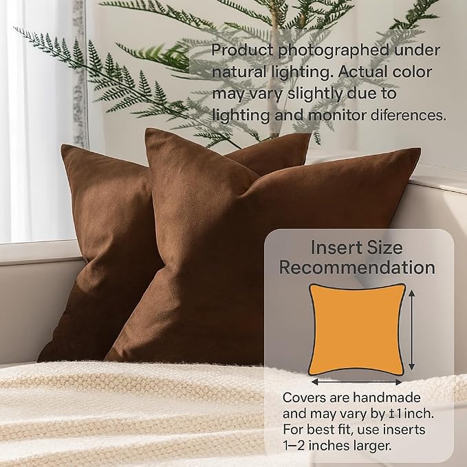Brown 22x22 Velvet Throw Pillow Covers Set of 2 for Couch Sofa Bed | JUSPURBET Decorative Pillow Covers with Invisible Zipper for Modern Living Room Bedroom Home Decor