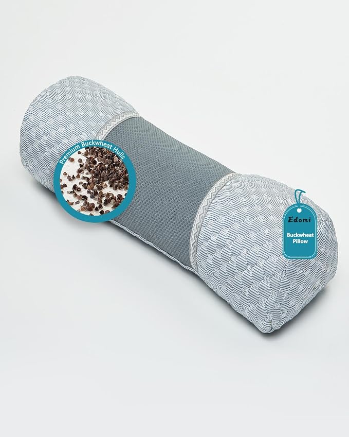 Buckwheat Cervical Pillow for Sleeping, Adjustable Roll Pillow for Neck Relief with Washable Pillowcase, Round Cylinder Bolster for Firm Support, 16.5x4.7 inch (Grey)