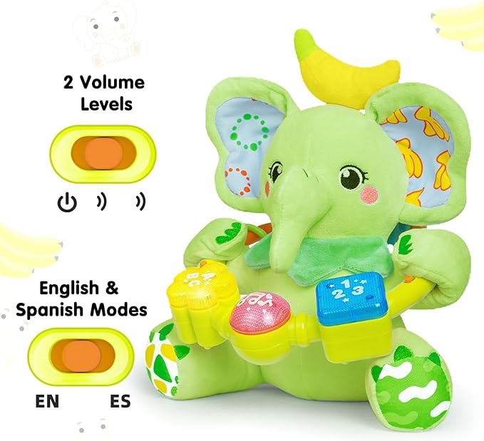 Baby Bilingual Musical Elephant Stuffed Animals Toys,Infant Early Learning Toy with Light-Up Music & Crinkle,Tummy Time Toys for 0 3 6 9 12+ Months for Baby Boy Girl Gift,Green