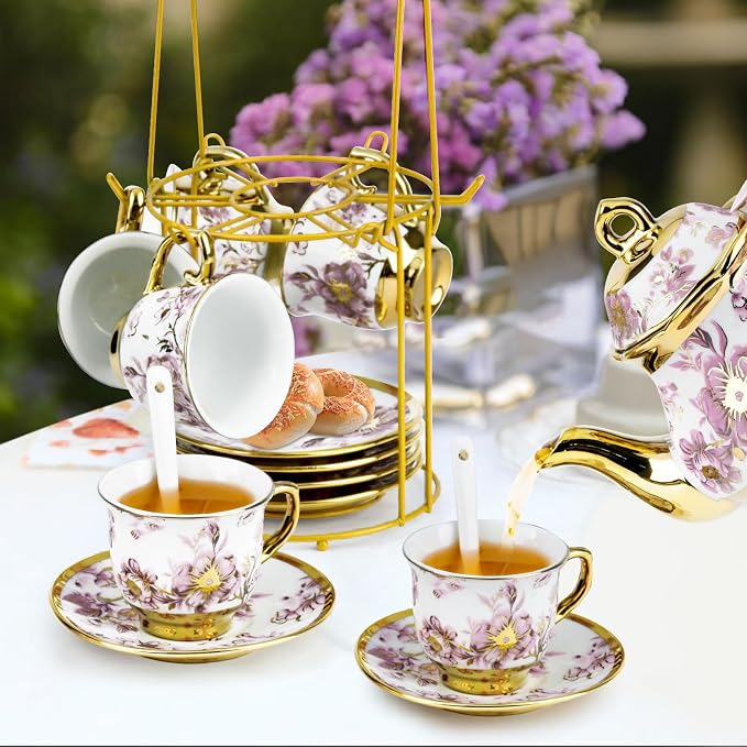 20 Pcs Porcelain Tea Set with Metal Holder, 700ml/23oz European Ceramic Tea Set for Adults, Adult Tea Set Gift, Flower Tea Cup Saucer Set for Party With Gold Flower Painting (Elegant Purple/700ml)