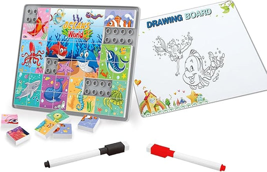 Anzikfoy 48 Piece Toy Building Jigsaw Puzzle Sets, 2 in 1 Ocean Theme Boys Girls Puzzles Building Block with Reusable Drawing Board Set for Toddlers Ages 1-3 and Kids 3+ Year Old