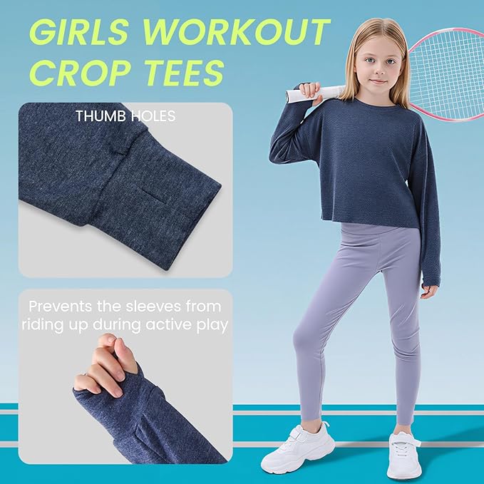 Gogokids Girls Shirts Long Sleeve Athletic Shirts Open Back Tops Active Sports Tshirts Yoga Workout Crop Tees 5-14 Years