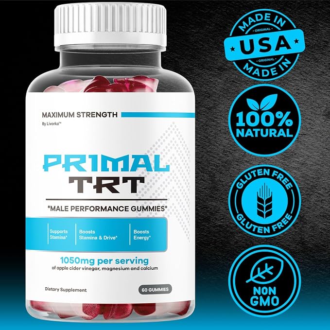 Primal TRT Gummies - Official Primal TRT Gummys for Men - Maximum Strength, PrimalTRT Premium Advanced Formula All Natural Support Plus Vitamin for Health & Wellness, 60 Gummies for 1 Month